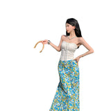 Holiday Style Suit French Rope Smear Vest Top Woman Summer Blue Floral Half Dress Two Sets