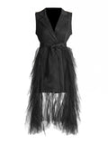 Temperament Commuting Style Suit Dress 2025 Summer New Collarless Sleeveless Suit Splicing Mesh Dress Dress Woman