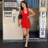 Niche Hanging Neck Sling Dress Sexy V Collar Bare Red Wave Point Hottie Holiday A Short Skirt