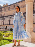 Autumn New Blue And White Printing Collar Lantern Sleeve Single Buckle Belt Waist Display Thin Dress
