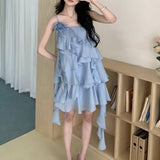 Holiday Wind Sweet Layer Wave Dress Lotus Leaf Side With Flower Sling Skirt 2024 New