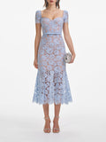 Garden High-Ded Lace Square Dress 2025 New Short-Sleeved Waist Solid Color Waist Dress Women Summer Dress