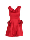 Summer New Round Neckless Design High-Waist Three-Dimensional Flowers Spliced Solid Color French Retro Short Skirt Woman