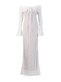 Temperament French Retro Wind Tailing Dress 2025 Summer Season New Word Shoulder Long-Sleeved Lace Hollow Dress