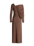 Comfort Elegance Wind 2025 Summer New V-Neck Long Sleeves Folded Asymmetric Design Dress
