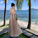 Fragmented Hanging Neck Dress Spring And Summer Holiday Wind Pure Lusty Folding V-Neck Net Yarn Long Dress Girl