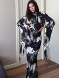 Spring Repair With Ribbon Densate Printing Irregular Design Long Dress
