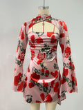 Dress Hollow Sexy Floral Dress Print Collar Cheongsam Dress
