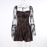 Sexy Square Collar Lace Long Sleeves Waist Dress Women's New Fashion Hottie Skirt DJPT