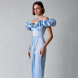Women's High Open Commuting Dinner Dress A Word Shoulder Dress With Chest Lotus Leaf Side Dress