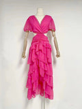 Niche 2025 Spring And Autumn V-Necked Lotus Leaf Side Splicing Skirt Sexy Loaf Long Dress Woman