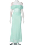 Women's Solid Color Bare Back One-Word Shoulder Shrinkage Folded And Hip Long Dress DJPT