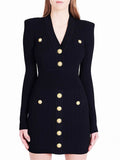 Autumn And Winter Pa Family Fashion Famous Woman Goddess Metal Buckle V-Neck Black Thin Knitted Dress
