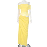 Women's First-Word Neckline Mesh Splicing Bare Waist Repair Folding Bag Of Hips Skirt DJPT