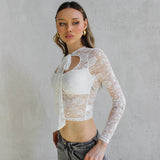 Women's 2024 Summer New Solid Color Lace Long Sleeve Strap Hollow Sexy Top DJPT
