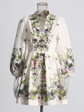 Famous Elegant Temperament Wind Dress 2025 Spring New V Collar Lantern Sleeve Print Single Buckle Skirt Woman