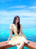 Short Dress Pure Vietnamese Niche Dress Yellow Broken Flower Deep V Print Holiday Thorny Skirt