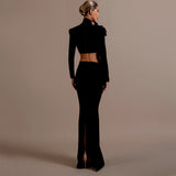 Fashion Diamond-Staggered Bandage Skirt Set Long Sleeve Half-Necked Short Blouse Dress Two-Sleeve Woman
