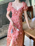 Sheath V Neckline Ruffled Pink Chiffon Floral Beach Dress Women's Vacation Dresses SD1138