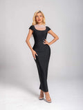 New Hot Solid Color Back Hollow Pearl Bandape Skirt Fashion Temperament Elegant Evening Dress