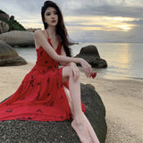 Dress Red Long V-Neck Hanging Neck Sling Dress Female Summer French Temperament Party Dress