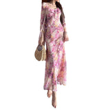 Holiday Fairy Pink Broken Flower Dress Design Feeling Lotus Leaf Side Flowing Long Dress 2024 New Model