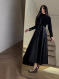 New Gold Velvet Thin Waist Black Round-Neck Long-Sleeved Dress Woman