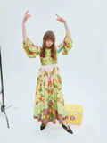 2024 New Collar Horn Sleeve Single Buckle Waist Print Long Dress Dress Woman
