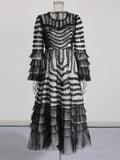 Retro Style Personality 2025 Summer New Round Collar Long Horn Sleeve Wood Ear Mesh Mesh Stitching Dress