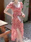Sheath V Neckline Ruffled Pink Chiffon Floral Beach Dress Women's Vacation Dresses SD1138
