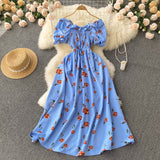 Fresh French-Style Vintage Fairy Slimy Floral Dress High Waist Drawstring Pressure Folded Waist Thin Swollen Dress DJPT