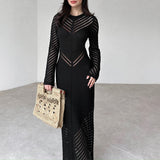 Women's Autumn Round-Collar Knitted Long Dress High-Waisted Waist-Coated Dress