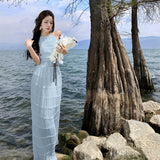 Dress Niche Design Hanging Neck Sling Sling Vest Holiday Wrinkled Half-Dress Suit