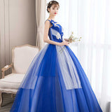 2025 New Blue Stage Performance Suit Ponpong Skirt Photo One-Shoulder Evening Dress Yarn