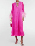 2024 New Round-Neck Heavy Industry Nail Nails And Fur Folding Process Horn Sleeve Long Dress