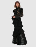 Summer New Collar Horn Long Sleeve With Waist Hollow Lace Dress Suit Woman