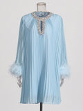 Court Niche Design Mid-Term 2025 New Diamond-Coated Collar Hollow Long-Sleeved Ostrich Wool Dress