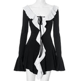 Women's Clothing Hit The Color Lotus Leaf Side Horn Long-Sleeved Lace Elegant Style Skirt DJPT