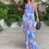Women's Summer Sling V Tie Floral Skirt High Waist Slim Thin Lotus Leaf Dress