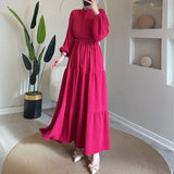 Women's Autumn Round-Neck Long-Sleeved Single Buckle High-Waisted Splicing Dress