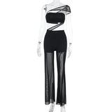 Sexy Mesh Splicing Braid Broad Leg Trousers 2025 New Hollow Perspective Women's Clothing DJPT