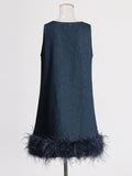Dress 2025 Summer New High-End Feeling Sleeveless V-Necked Cowboy Splicing Feathers Short Dress Dress Woman