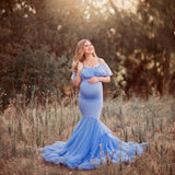Women's Lace Pregnant Women Tailing Short-Sleeved Dress Photo Flying Sleeve Dress 1862 Maternity