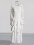 Retro Style Small Lotus Leaf Side Dress 2025 High-End New Round-Neck Long-Sleeved Lace Hollow Dress