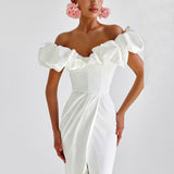 Women's High Open Commuting Dinner Dress A Word Shoulder Dress With Chest Lotus Leaf Side Dress