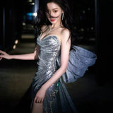 Evening Dress Silver Lily Toasting Female Feeling Open Fork Niche High-End Light Luxury Annual Host