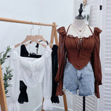 Girls Shoulder-Hanging Neck With Long-Sleeved Slings With Smear Wooden Ear-Deared Shirt Short With Chest Cushion Top DJPT