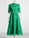 Fresh Sweet Wind 2025 Summer New Bubble Sleeve Lace Hollow Splicing Lace High Waist Dress