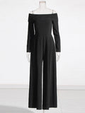 Famous Simple Wind 2025 Spring New Word Collar Long Sleeve Back Bow Design Long-Long Jumpsuit