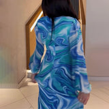 Women's Autumn V-Neck Lantern Sleeve Long-Sleeved High-Rise Fashion-Print Long Dress